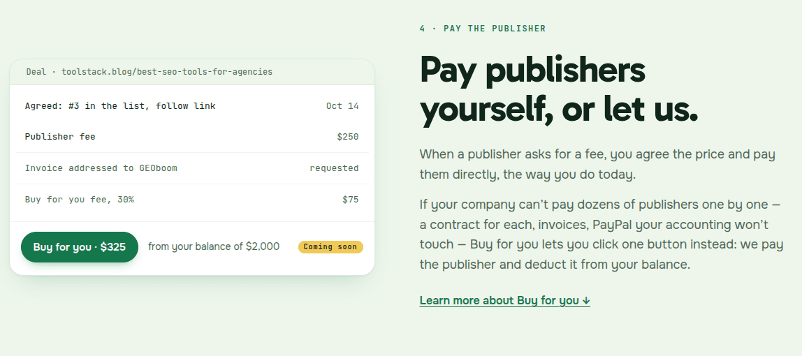 Buy for you on a deal: a $250 publisher fee, a 30% fee, one payment from your balance, invoice addressed to GEOboom