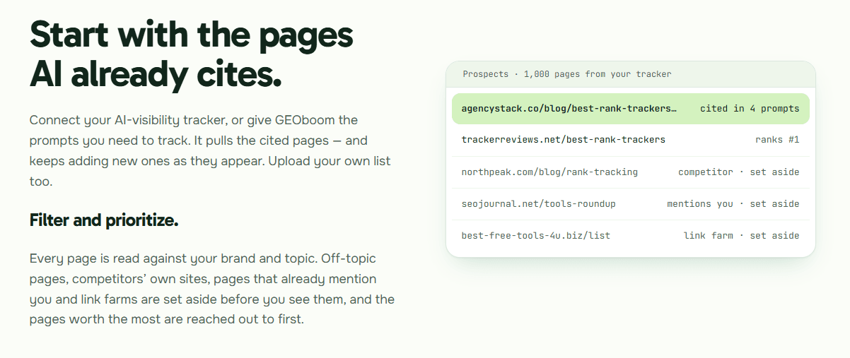 GEOboom prospect list: pages from your AI tracker, with competitors, existing mentions and link farms set aside