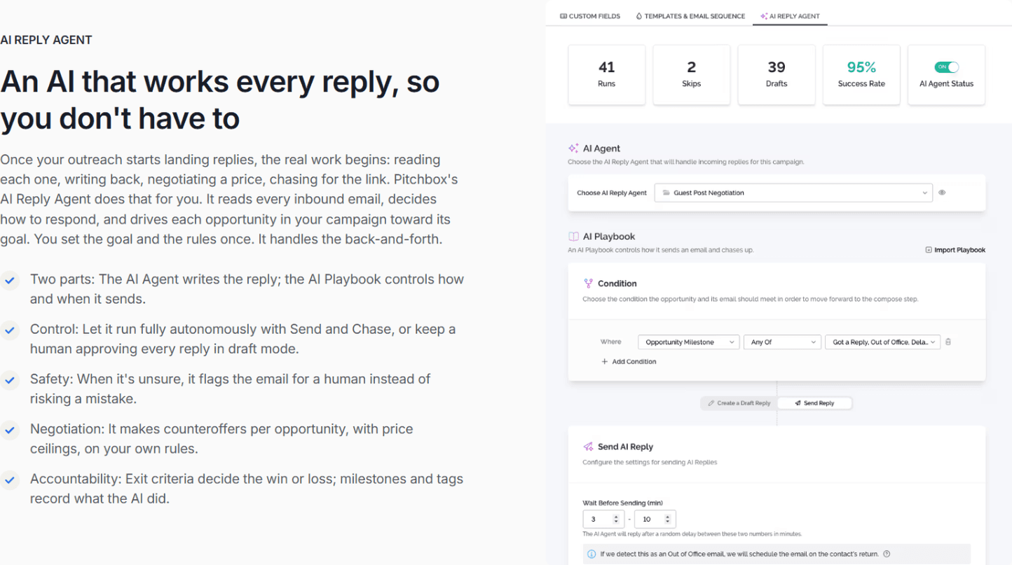 Pitchbox AI Reply Agent settings: run statistics, the AI Playbook conditions and the send settings for automated replies