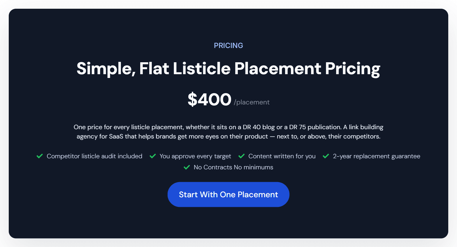SaaSBacklinks pricing: a flat $400 per listicle placement, with a competitor audit, approval of every target, written content and a 2-year replacement guarantee