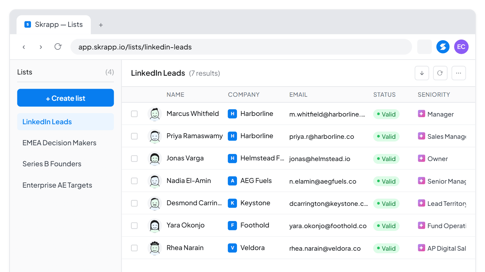 Skrapp.io lead list built from LinkedIn: names, companies, work emails marked Valid, and seniority for each contact