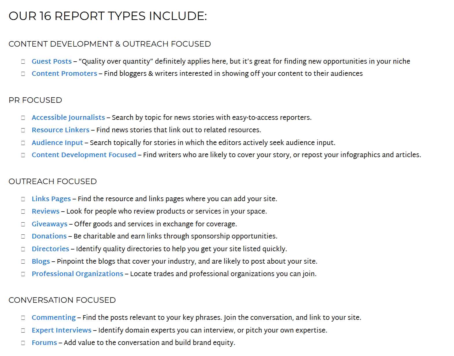 Link Prospector by Citation Labs: its 16 report types, from guest posts and resource linkers to links pages, reviews, directories and forums