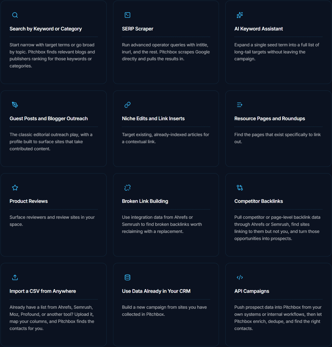 Pitchbox prospecting sources: keyword and category search, SERP scraper, AI Keyword Assistant, guest posts, resource pages, broken links, competitor backlinks, CSV and API imports
