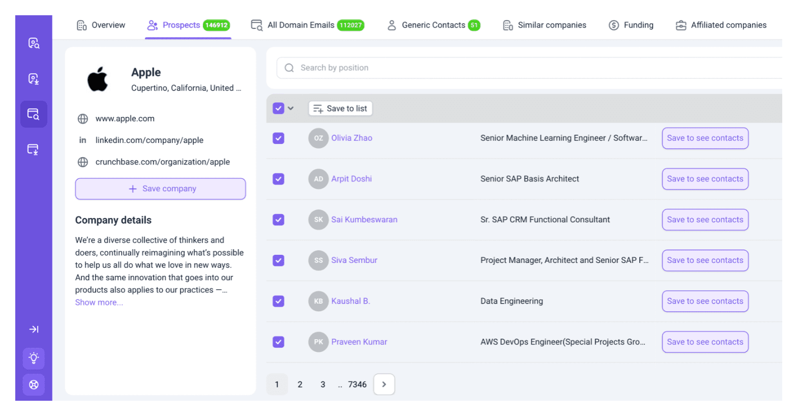 Snov.io Domain Search for a company: the Prospects tab lists people with their positions, ready to save to a list to reveal their emails
