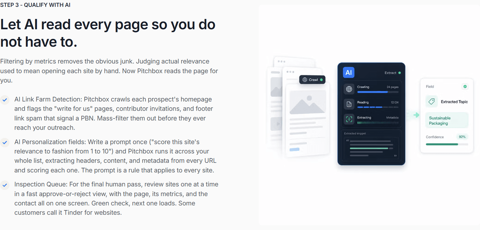 Pitchbox AI qualification: link farm detection, AI scoring of each site against your prompt, and an inspection queue to approve or reject sites