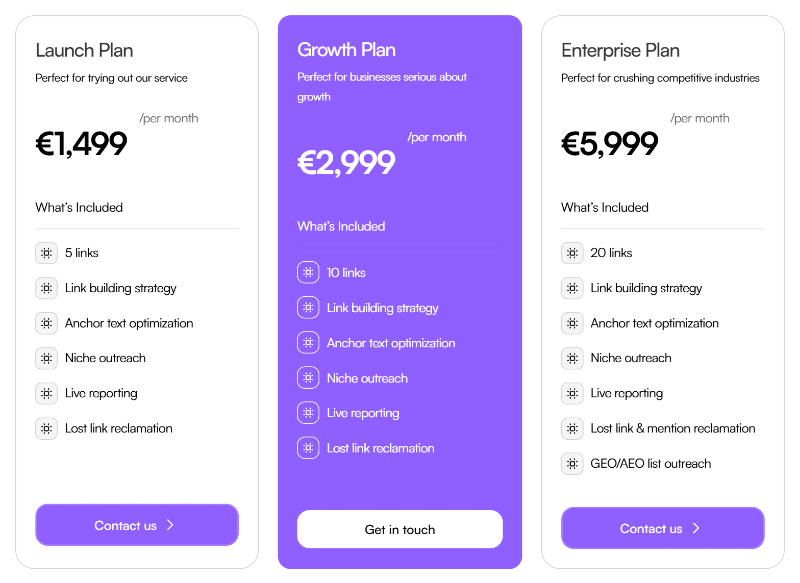 SaaSlinkbuilder SaaS link building plans: Launch, Growth and Enterprise at €1,499, €2,999 and €5,999 a month for 5, 10 and 20 links, with GEO/AEO list outreach on Enterprise
