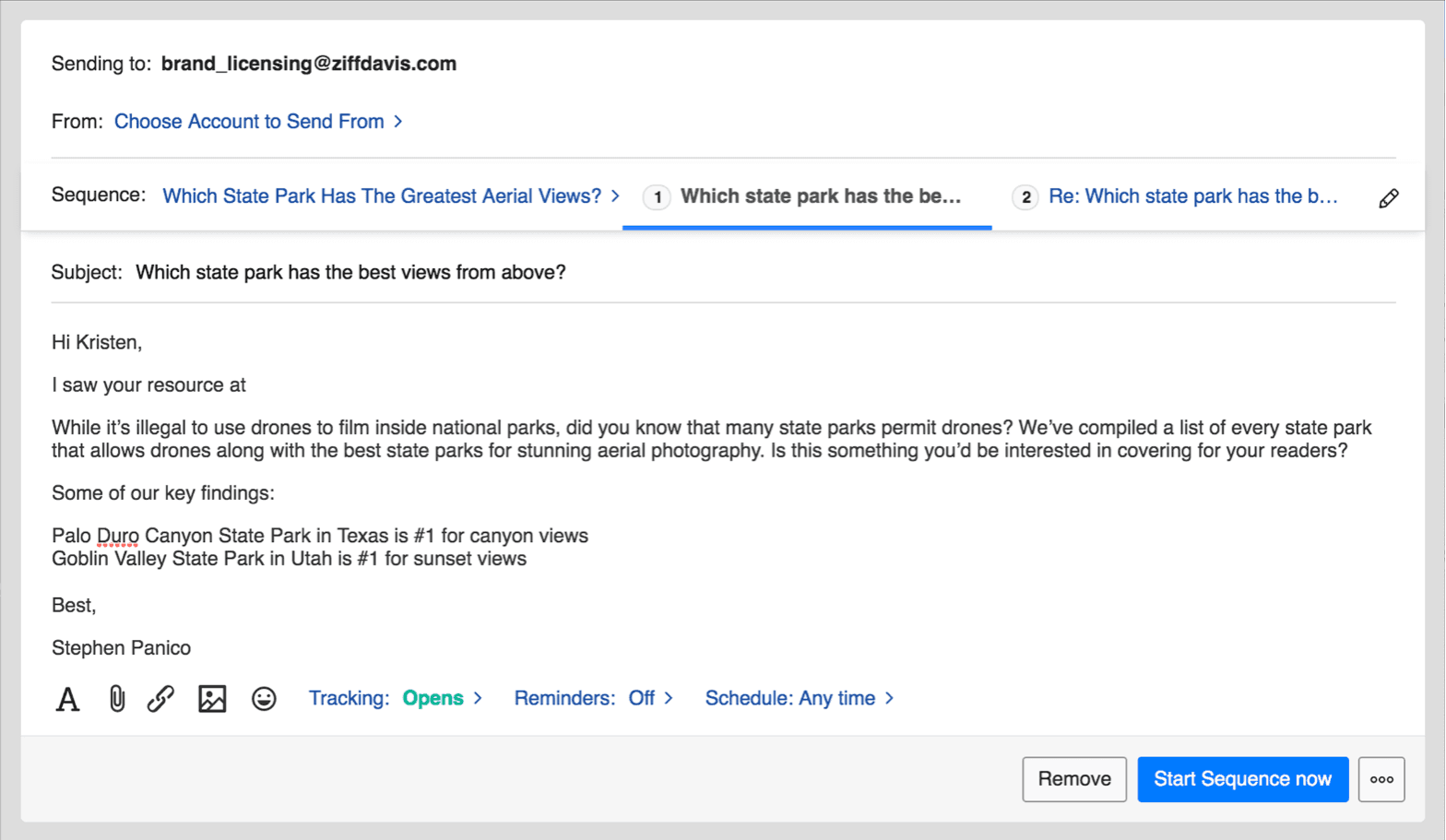 BuzzStream compose window: choose the account to send from, a two-step sequence, a template you write, tracking, reminders and schedule