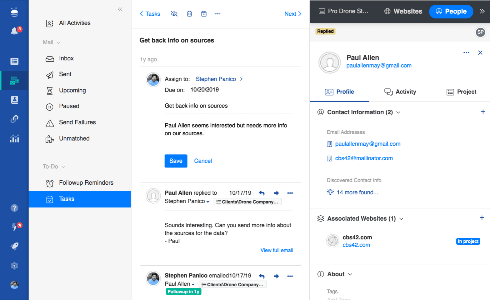 BuzzStream person record: contact information, 14 more discovered contacts, the associated website, and a task assigned to a teammate