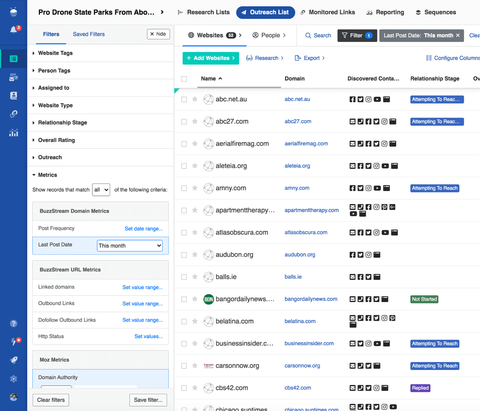BuzzStream outreach list filters: website tags, relationship stage, BuzzStream domain and URL metrics and Moz Domain Authority, with discovered contact icons per website