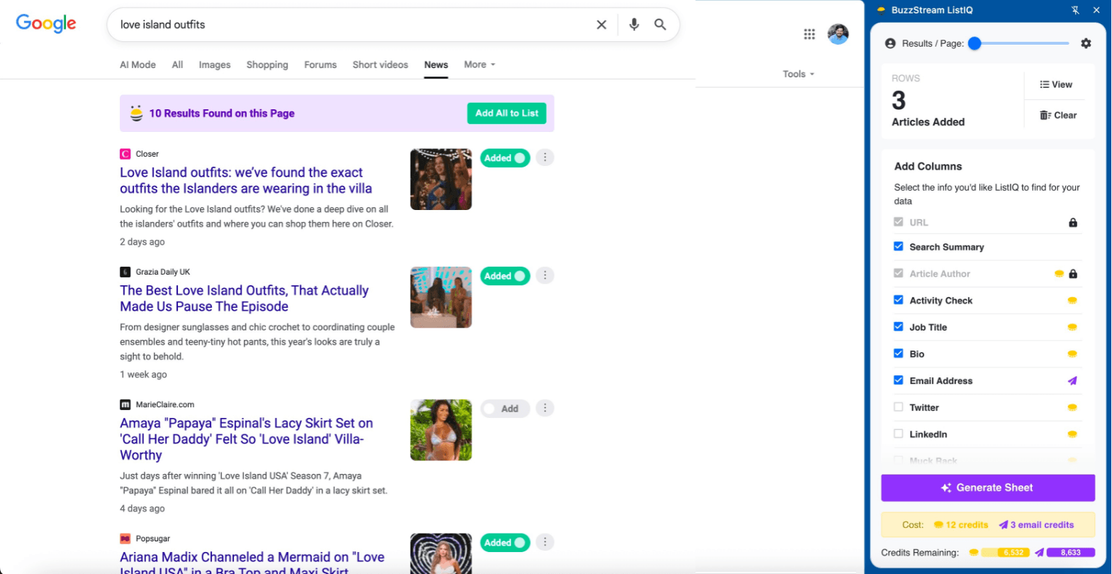 BuzzStream ListIQ Chrome extension on a Google News search: articles added to a media list with author, activity check, job title, bio and email columns