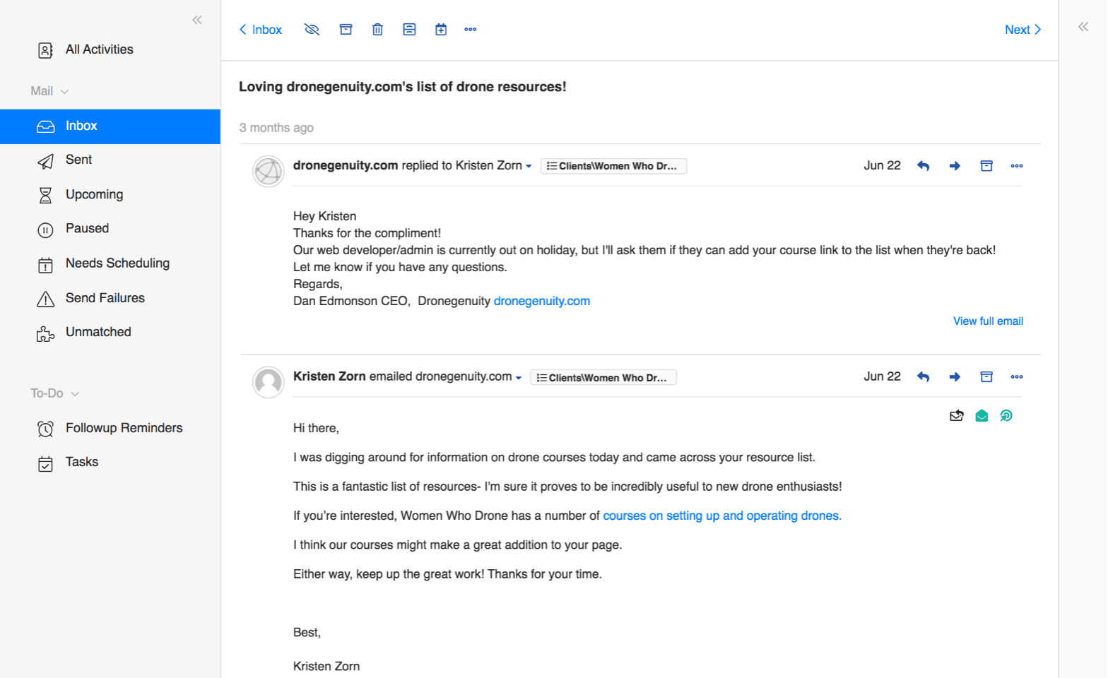 BuzzStream mailbox: a publisher's reply filed against the project, with Inbox, Upcoming, Paused, Send Failures and Followup Reminders