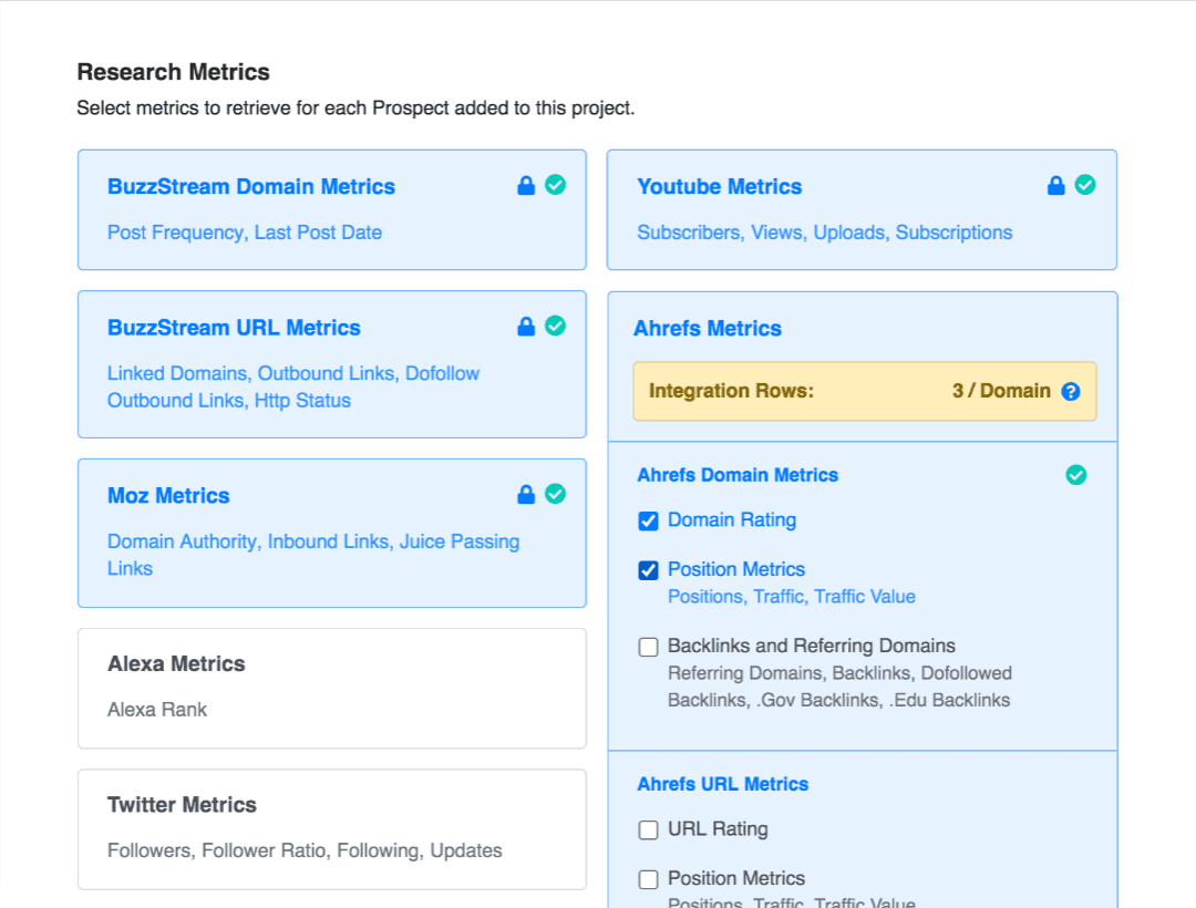 BuzzStream research metrics per project: BuzzStream domain and URL metrics, Moz, YouTube, and Ahrefs domain and URL metrics