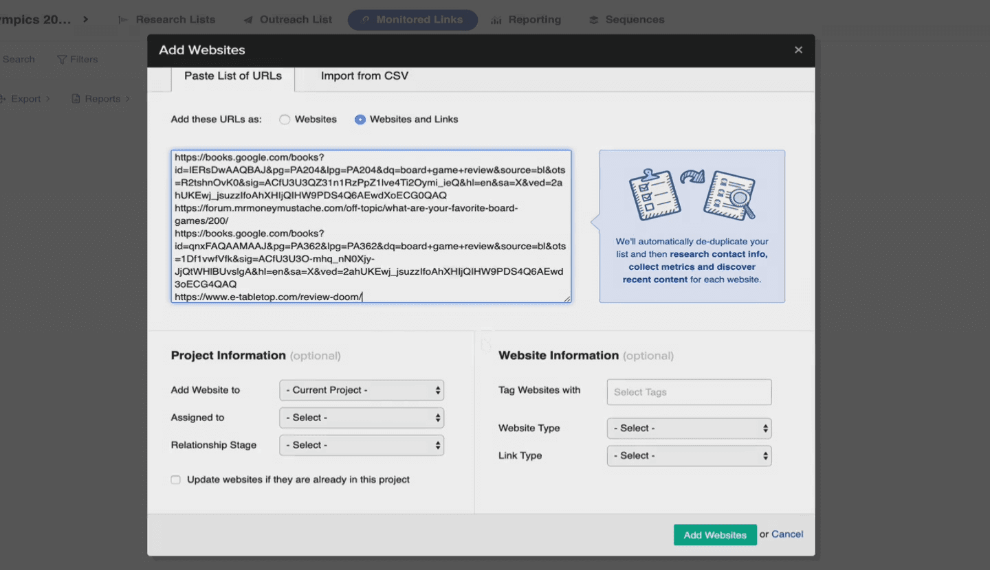 BuzzStream Monitored Links: the Add Websites dialog with a pasted list of URLs to track as websites and links