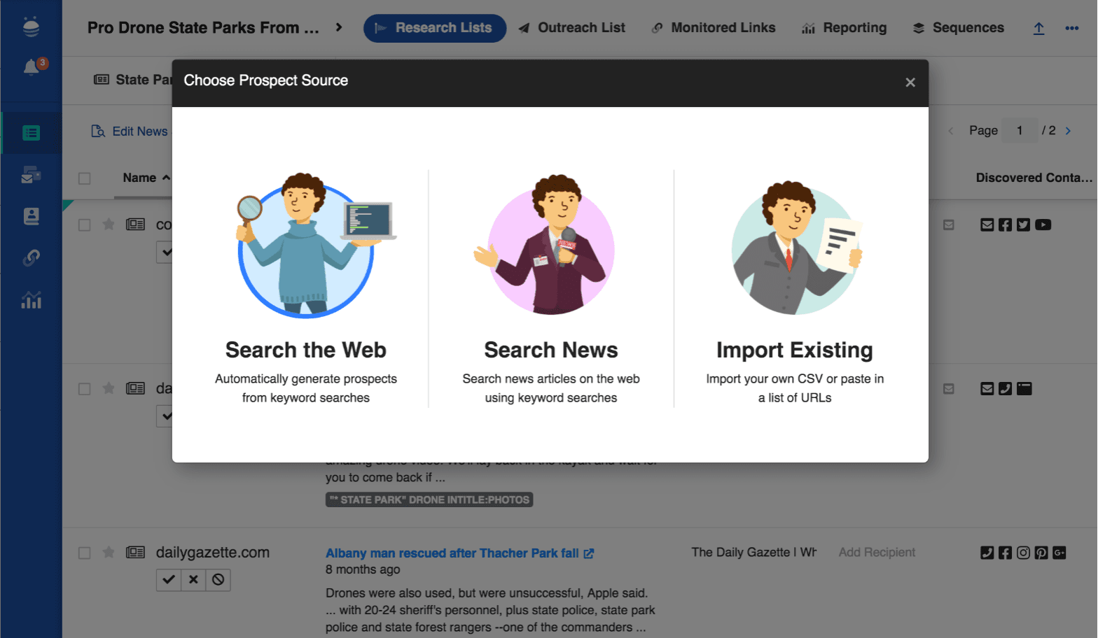 BuzzStream Choose Prospect Source: Search the Web, Search News, or Import Existing from a CSV or a list of URLs