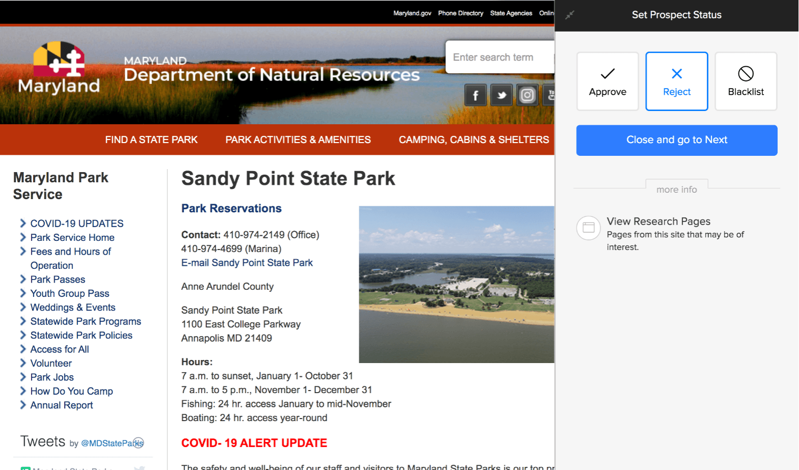 BuzzStream Set Prospect Status panel beside a prospect's website: Approve, Reject or Blacklist, then go to the next