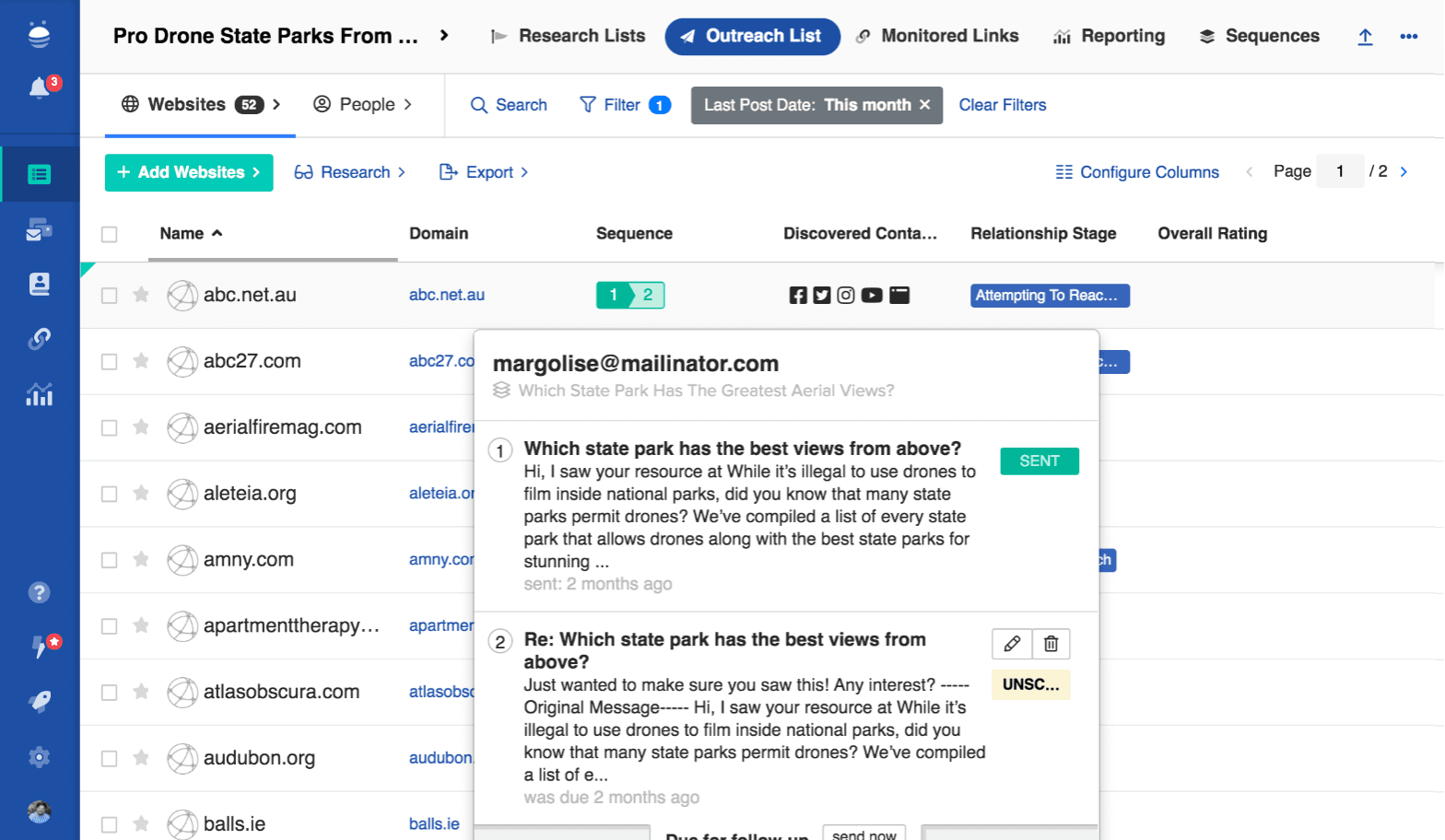 BuzzStream sequence on an outreach list: first email sent, follow-up due, relationship stage Attempting to Reach