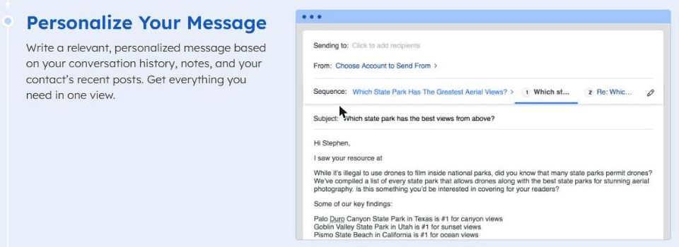BuzzStream compose window: choose an account to send from, pick a sequence, write the message yourself