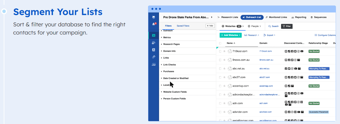 BuzzStream outreach list with filters by metrics, links, link checks, location and custom fields; relationship stage per website