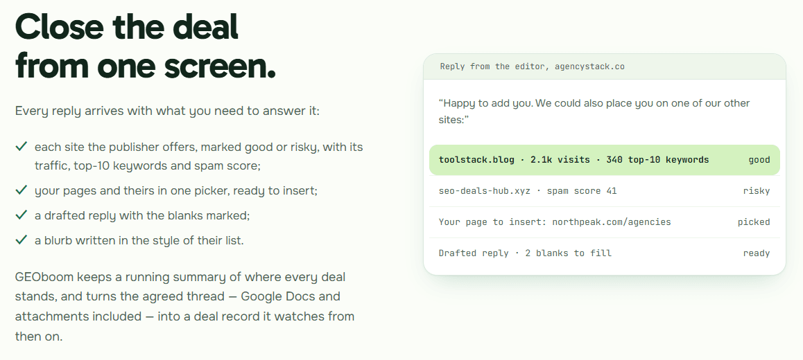GEOboom reply screen: editor's offer with sites graded good or risky, page picked, drafted reply with two blanks