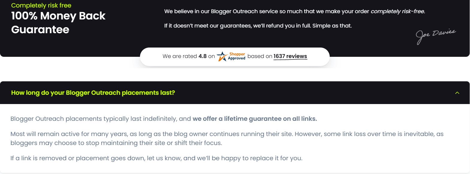 FATJOE's 100% money-back guarantee block, and the FAQ answer on the lifetime link guarantee: placements last indefinitely, some loss is inevitable, tell FATJOE and it replaces the link