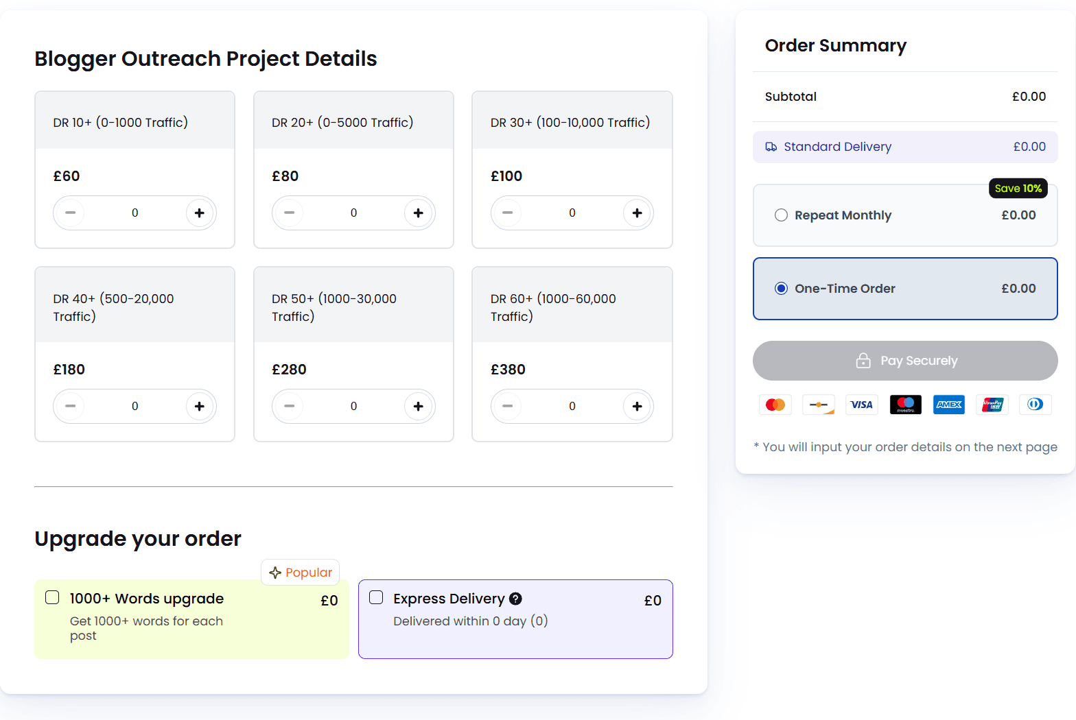 FATJOE Blogger Outreach order form: a quantity box for each DR tier from £60 to £380, the 1,000+ words and express delivery upgrades, and an order summary offering Repeat Monthly at 10% off