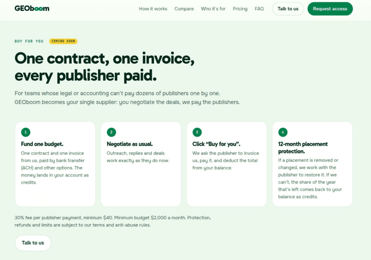 GEOboom Buy for you: fund one budget, negotiate as usual, click Buy for you, 12-month placement protection; 30% fee, minimum $40, $2,000 monthly budget