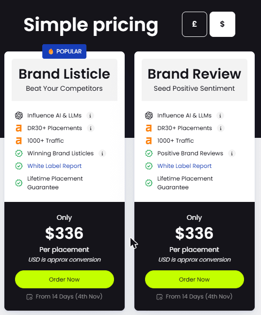 FATJOE Brand Mentions pricing: Brand Listicle and Brand Review at $336 per placement, DR 30+, 1,000+ traffic, lifetime placement guarantee