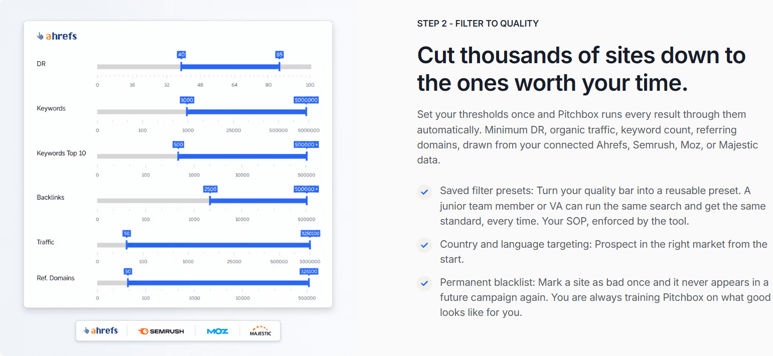 Pitchbox metric filters: DR, keywords, backlinks, traffic and referring domains thresholds from Ahrefs, Semrush, Moz or Majestic, with saved presets, country targeting and a permanent blacklist