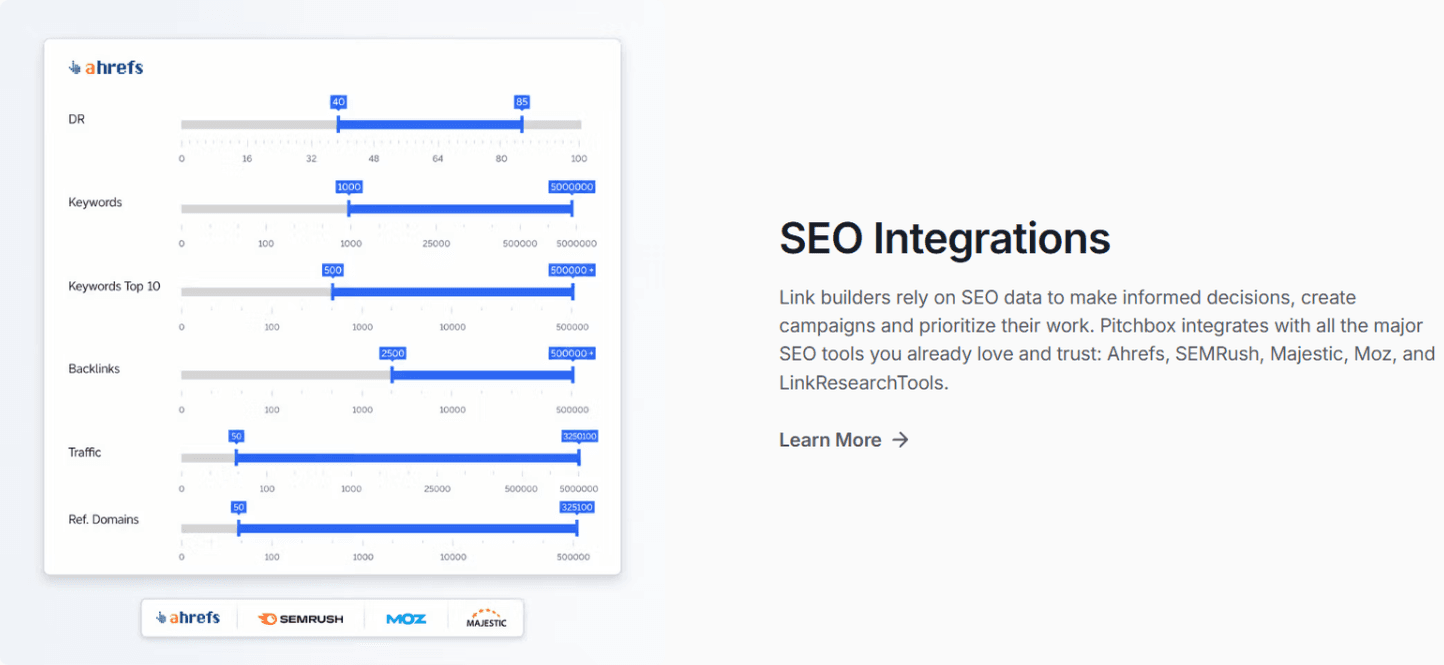 Pitchbox SEO integrations: Ahrefs, Semrush, Moz and Majestic metric filters for DR, keywords, backlinks, traffic and referring domains