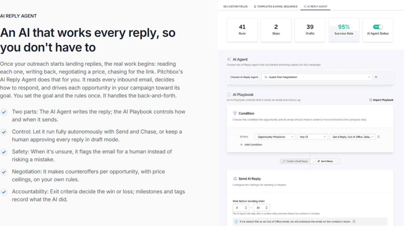 Pitchbox AI Reply Agent: 41 runs, 95% success rate, Guest Post Negotiation agent, AI Playbook conditions, draft or send mode, 3 to 10 minute wait before sending