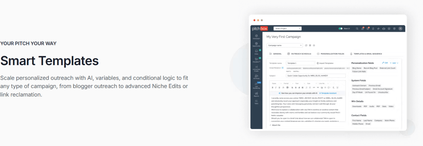 Pitchbox Smart Templates: template editor with personalization fields, system fields, win details and conditional logic