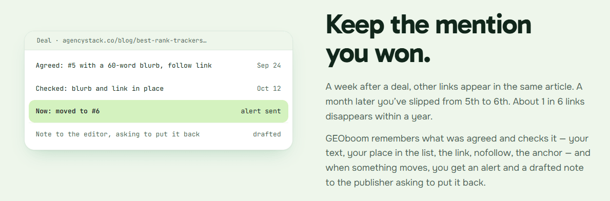 GEOboom deal record: agreed #5 with 60-word blurb, checked, moved to #6, alert sent, note to editor drafted