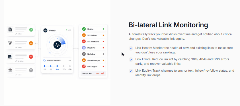 Pitchbox bi-lateral link monitoring: healthy, 301, 404, DNS error, nofollow, anchor changed, link dropped