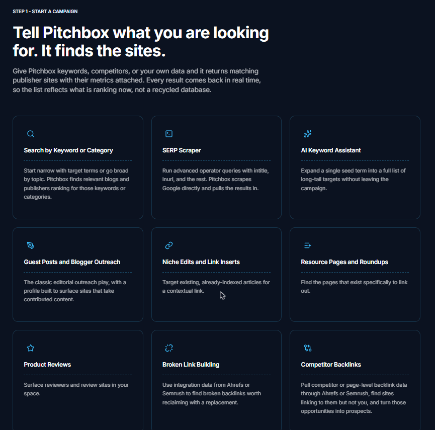 Pitchbox prospecting sources: keyword search, SERP scraper, AI keyword assistant, guest posts, niche edits, resource pages, product reviews, broken links, competitor backlinks