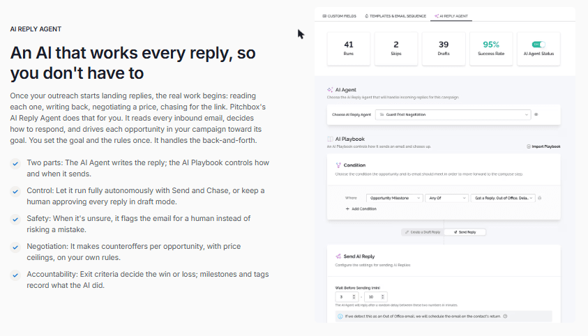 Pitchbox AI Reply Agent: 41 runs, 95% success rate, playbook conditions, send or draft mode