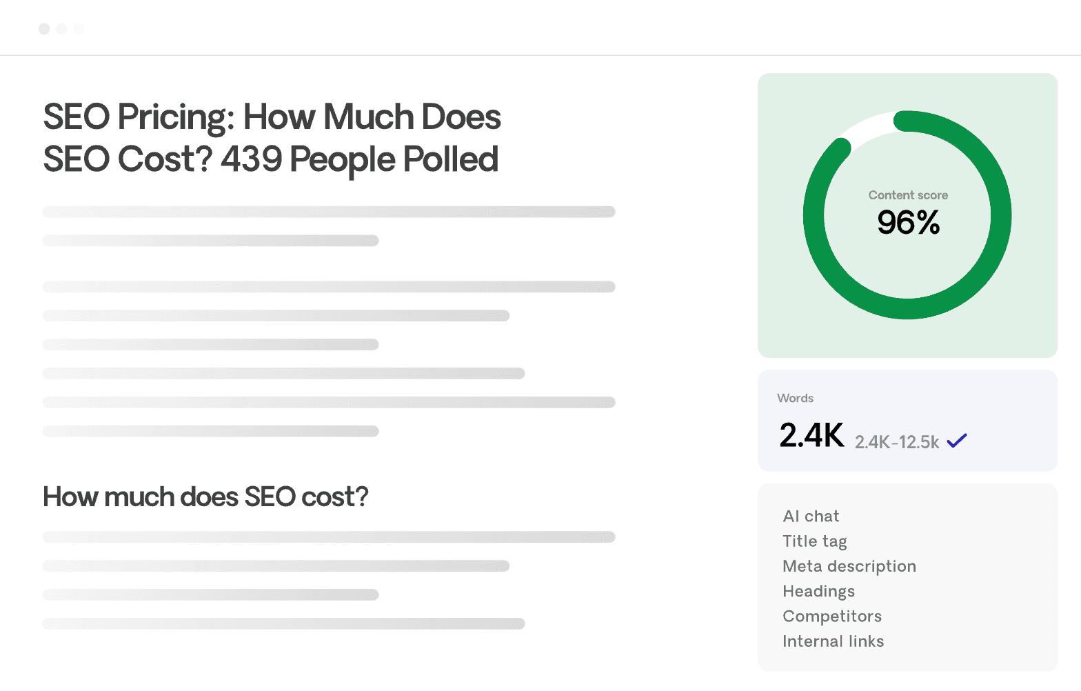 Respona step 3: an article written to rank, with a 96% content score, word count and on-page checklist