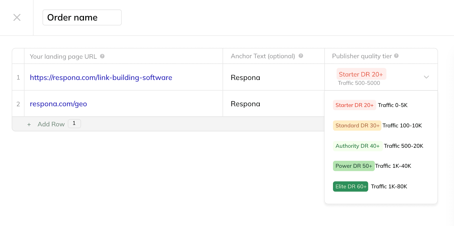 Respona order form: landing page URL, anchor text and publisher quality tier from Starter DR 20+ to Elite DR 60+