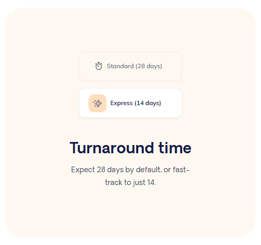 Respona turnaround options: Standard 28 days or Express 14 days