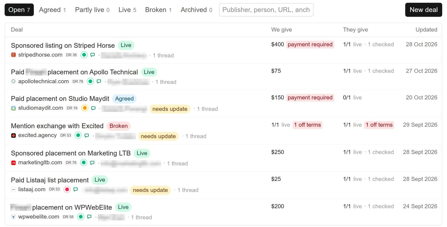 GEOboom deal list: placements on Striped Horse, Apollo Technical, Marketing LTB, Listaaj and WPWebElite live, one exchange flagged as broken, one agreed and awaiting payment