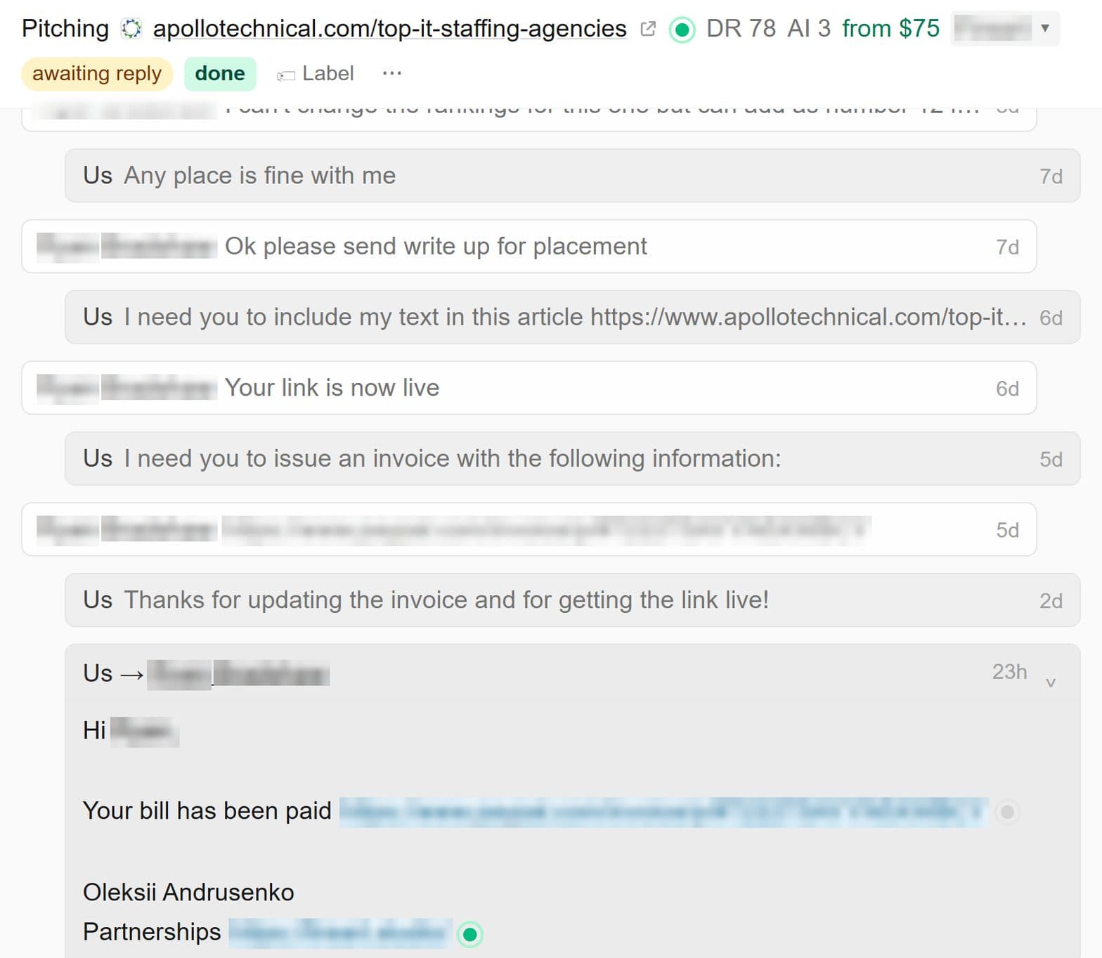 Thread with a DR 78 publisher: the list could not be reordered, position 12 agreed, link live, invoice paid
