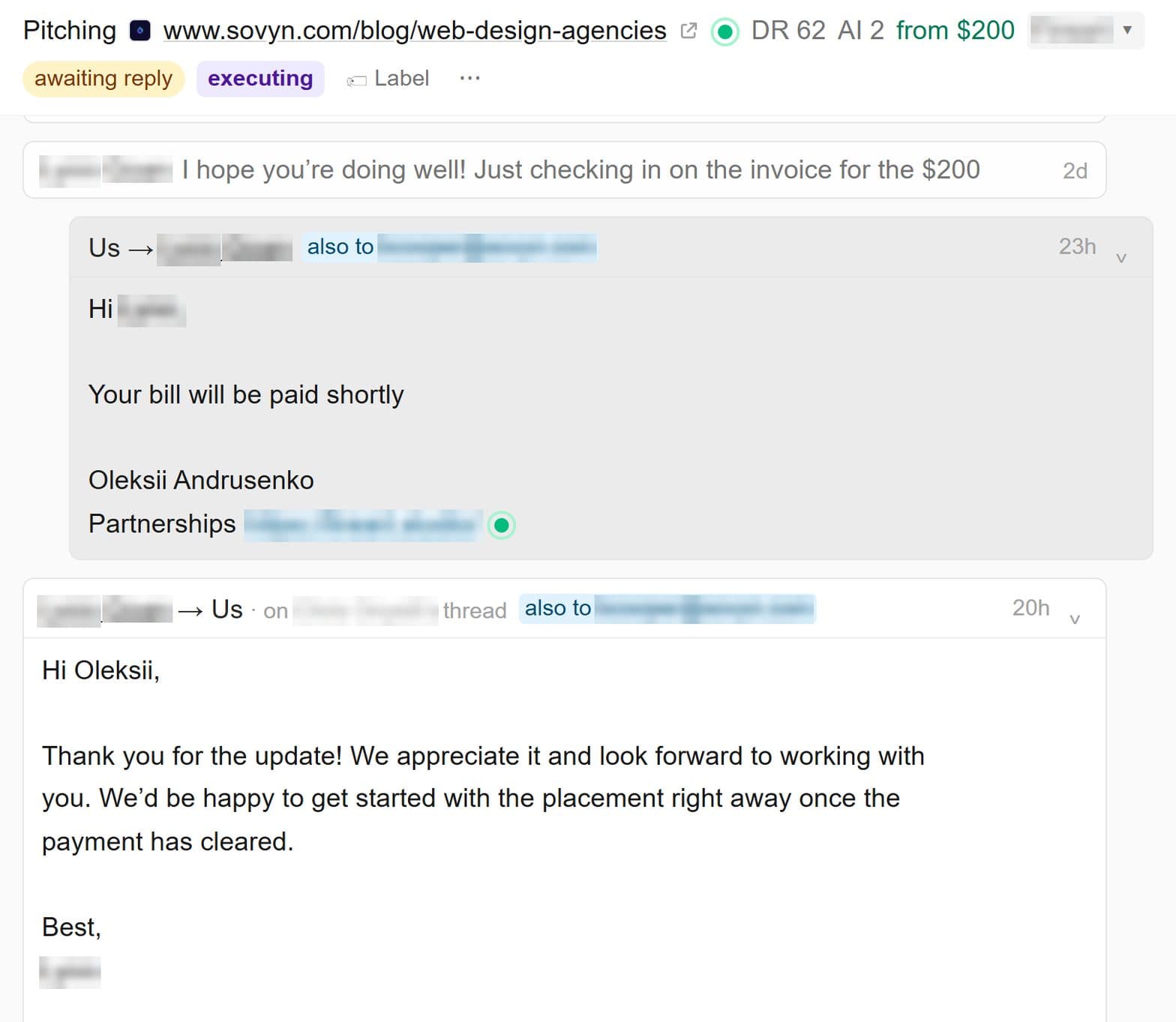 Thread with a DR 62 publisher offering position 9 on its web design agencies list for $200