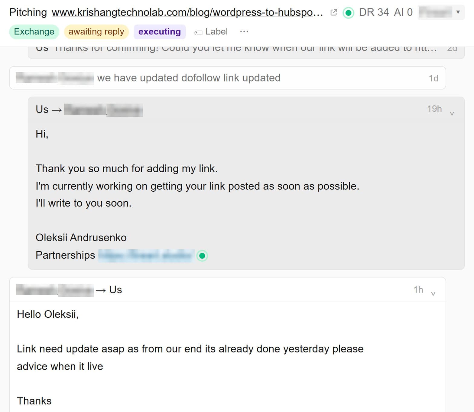 Thread with a DR 34 publisher in a link exchange: the publisher has published the client's dofollow link and is asking for the link back