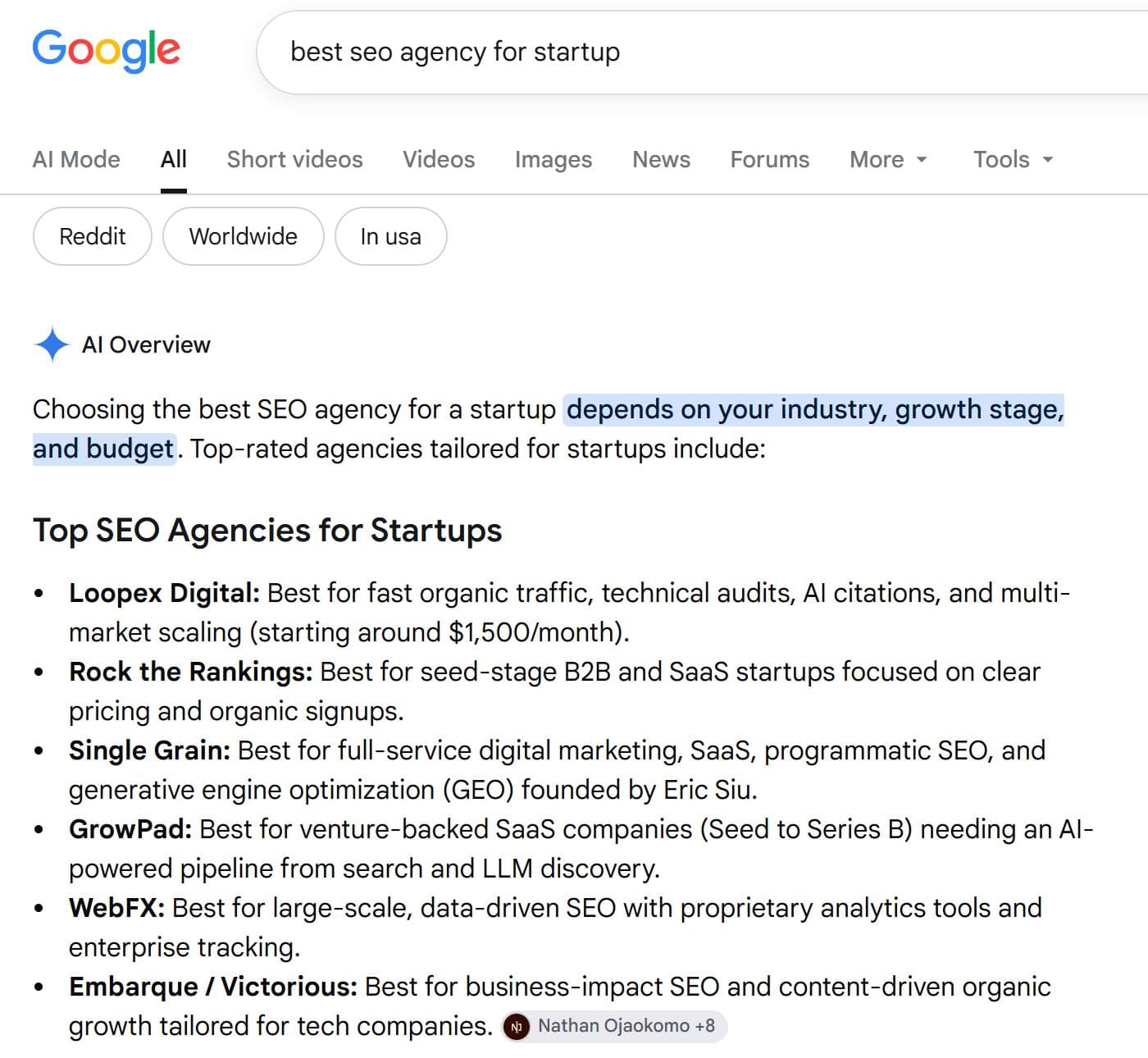 Google AI Overview for best seo agency for startup listing GrowPad fourth of six