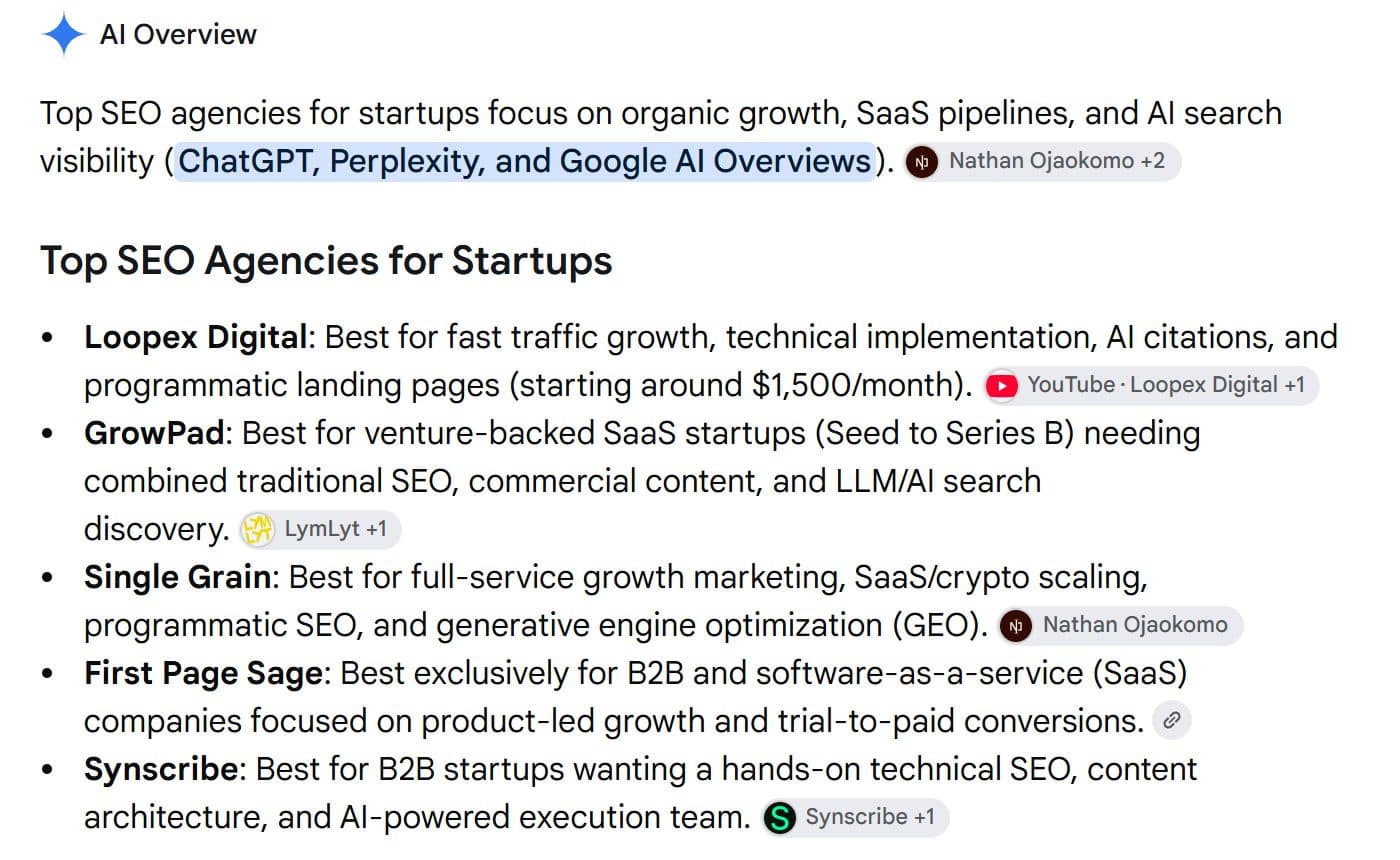Google AI Overview for best seo agency for startups listing GrowPad second of five