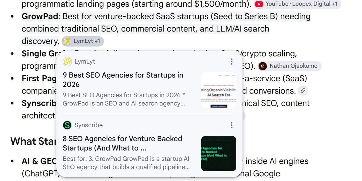 Google source panel showing LymLyt's 9 Best SEO Agencies for Startups in 2026 as a cited source
