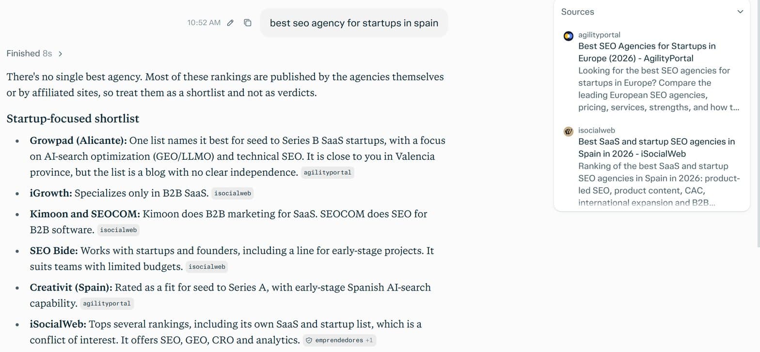 Perplexity answer for best seo agency for startups in spain opening the shortlist with Growpad