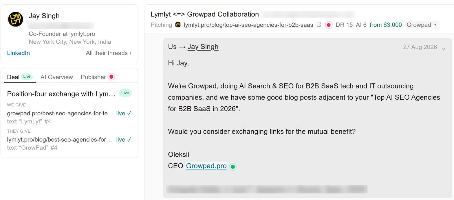 GEOboom thread: first email to LymLyt on 27 August proposing a mutual mention