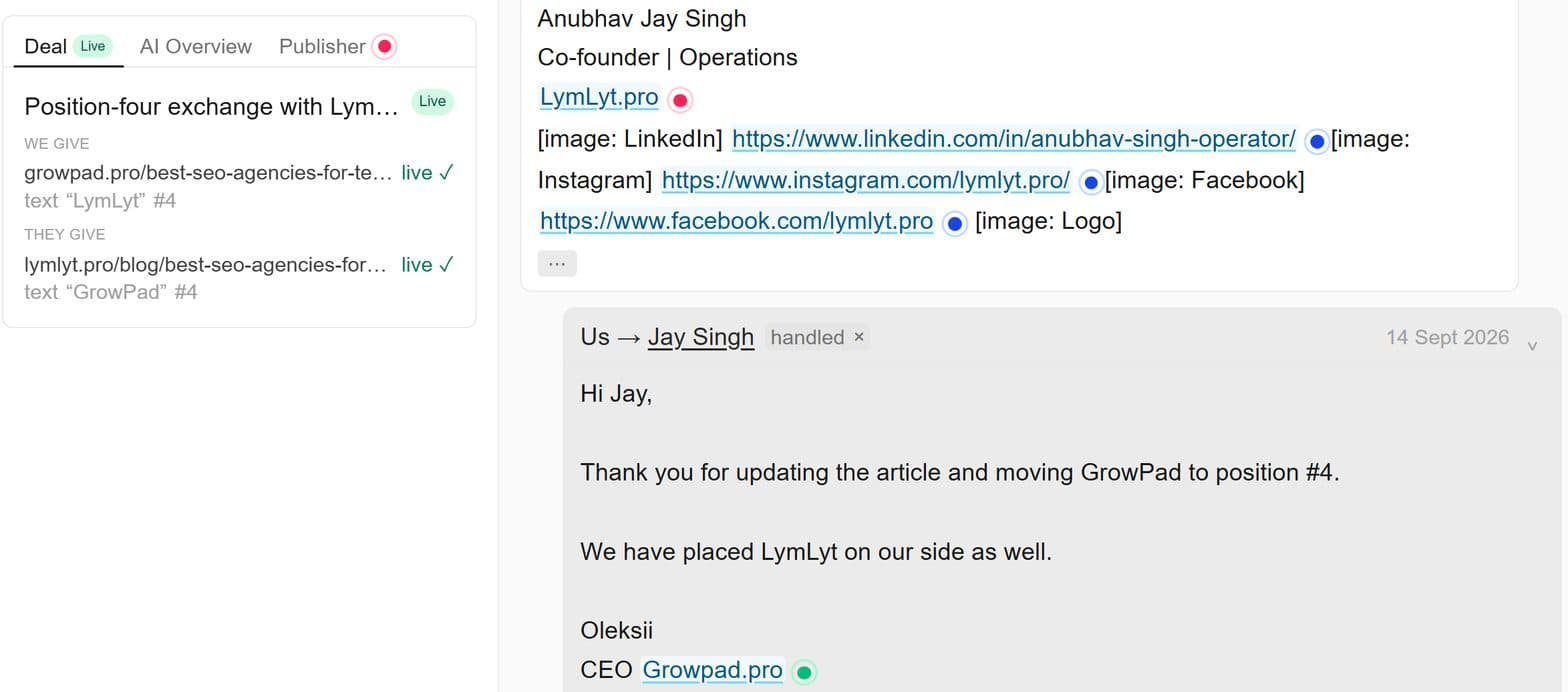 GEOboom deal record: LymLyt confirms GrowPad moved to position 4; both placements marked live