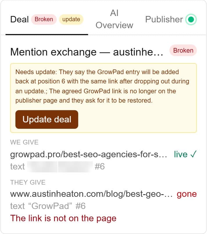 GEOboom deal record for the mention exchange with austinheaton.com: GrowPad's side live, the publisher's side gone, status Broken