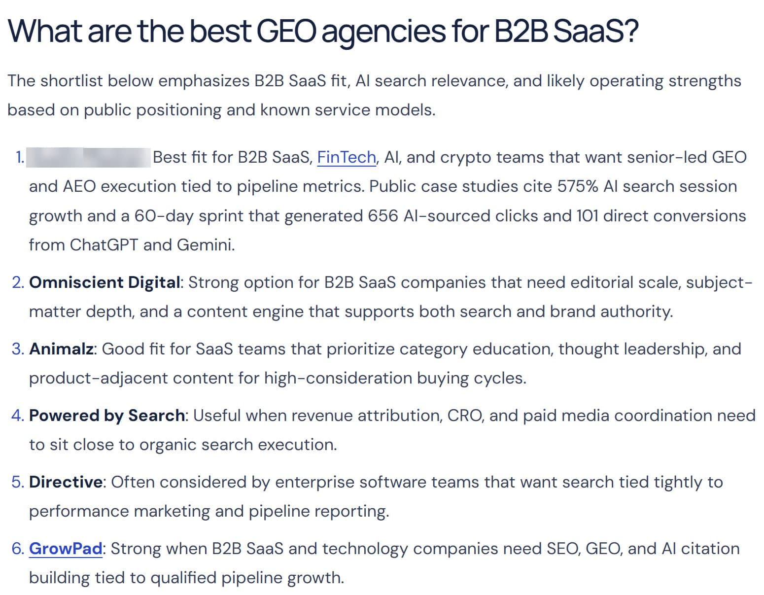 The Best GEO Agencies for B2B SaaS list on austinheaton.com with GrowPad restored at position 6